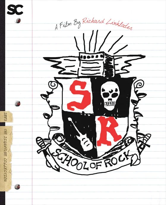 Hand-drawn school crest with skull and shield design, featuring the words "School of Rock" on a banner, and the letters "S" and "R" in red, on lined notebook paper with a small SC logo at the top left.