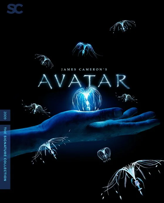Cover of the movie Avatar with a blue-toned hand surrounded by floating bioluminescent creatures, labeled James Cameron's Avatar.