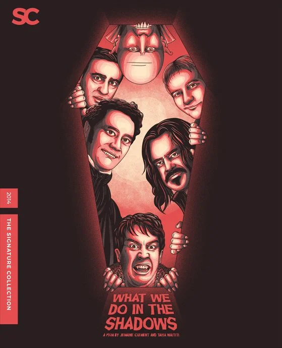 Illustrated poster featuring seven people peeking out from behind a dark curtain with a toy-like demon head at the top, with the title 'What We Do in the Shadows' written at the bottom.