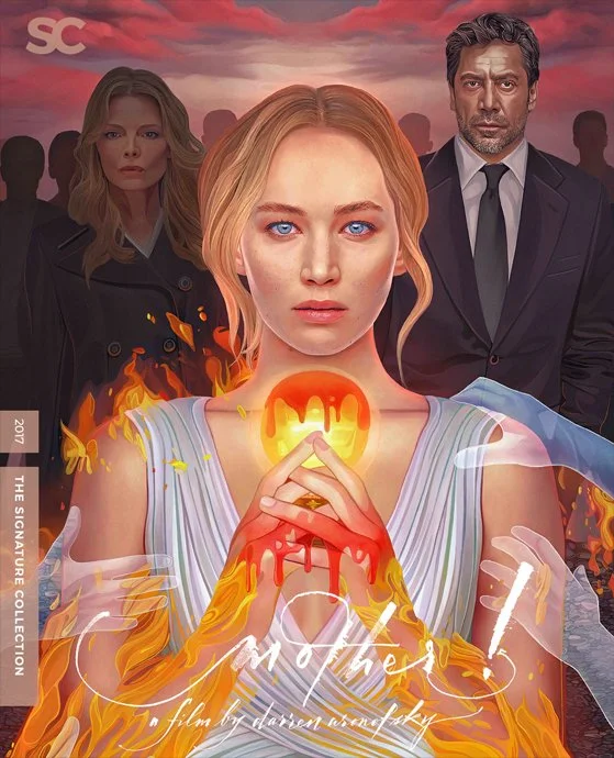 Poster for the movie "Mother!" showing a young woman with blue eyes and blonde hair in the center, with flames around her. Behind her are a woman with long blonde hair and a man with dark hair and a beard, both in dark suits, with a pinkish sky backg