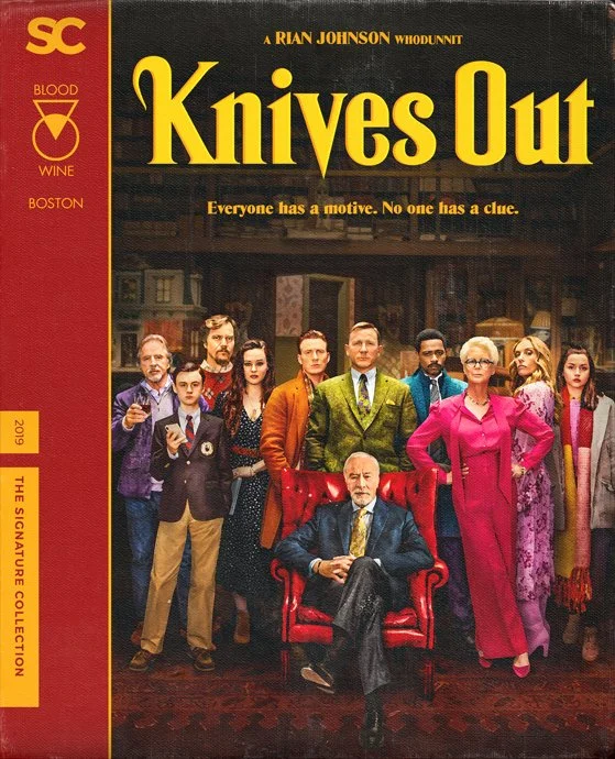 Cover of the film "Knives Out" featuring a group of characters from the movie, with a tagline "Everyone has a motive. No one has a clue."