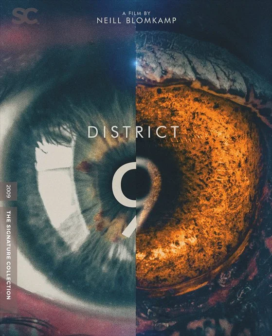 The image features a split close-up of human eyes, one blue and one brown, with the title 'District 9' and text indicating it's a film by Neill Blomkamp.