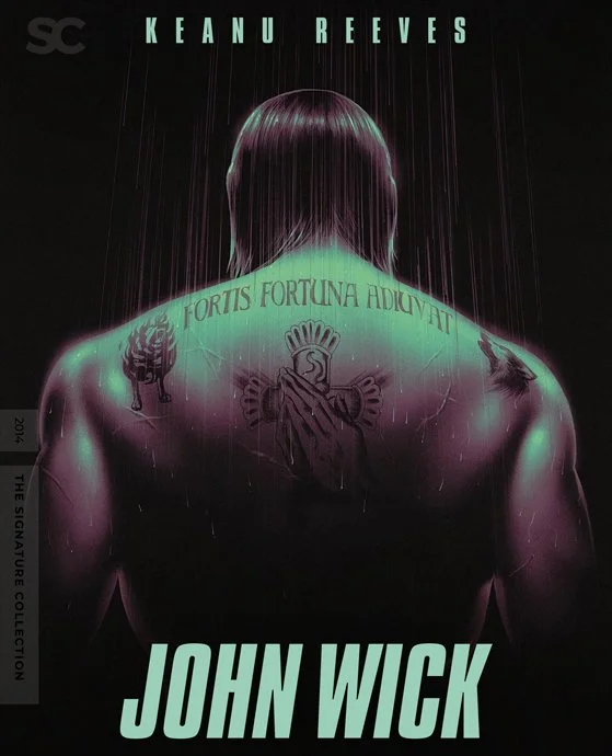 Back of a muscular man's upper body with shoulder-length hair, showing tattoos and the phrase 'Fortis Fortuna Adiuvat' on his upper back, with the title 'John Wick' and Keanu Reeves' name at the top, in a dark, rain-inspired background.