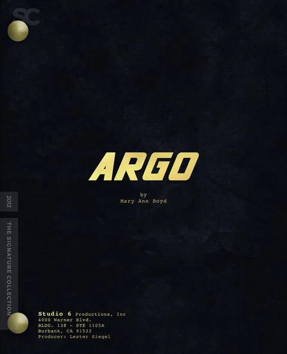 The cover of a screenplay titled "ARGO" with the author's name below, set against a black background with gold accents and text.
