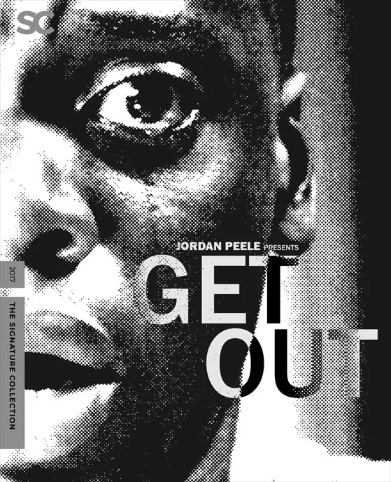 Close-up of a person's face with a serious expression, in black and white, with the text 'Jordan Peele presents GET OUT' overlaid.