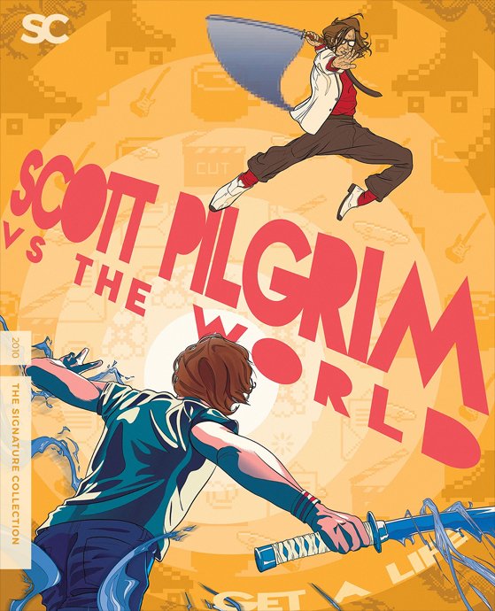 Illustration from the comic series 'Scott Pilgrim' showing two characters in a battle scene, both with a sword, against a background with text and logos.