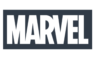 Marvel logo with black text on a dark gray background.