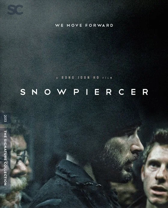 Movie poster for 'Snowpiercer' featuring a close-up of three characters, with the middle character having a beard and dark hair in profile. The background is dark, and the title 'Snowpiercer' is prominently displayed in the center.