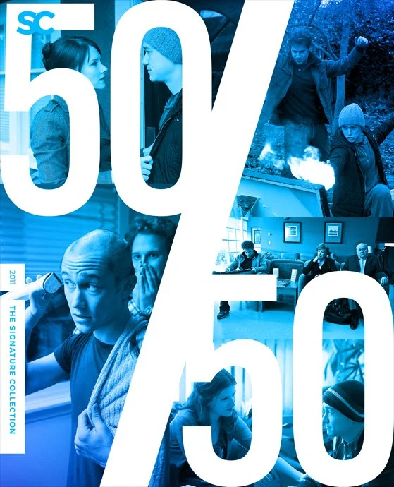 Collage of various scenes with people, overlaid with large white text reading '50/50'.