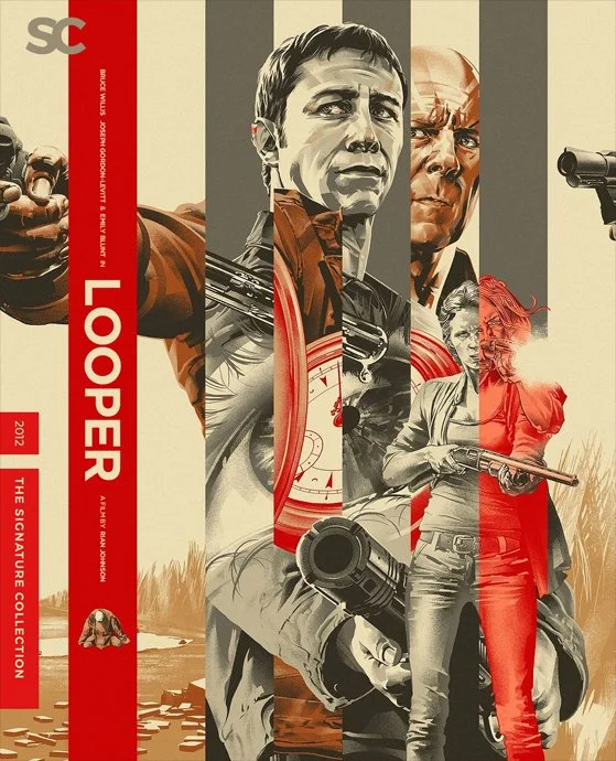Promotional poster for the movie 'Looper' featuring images of Bruce Willis, directed by Rian Johnson, with characters holding guns in a stylized, illustrated design.