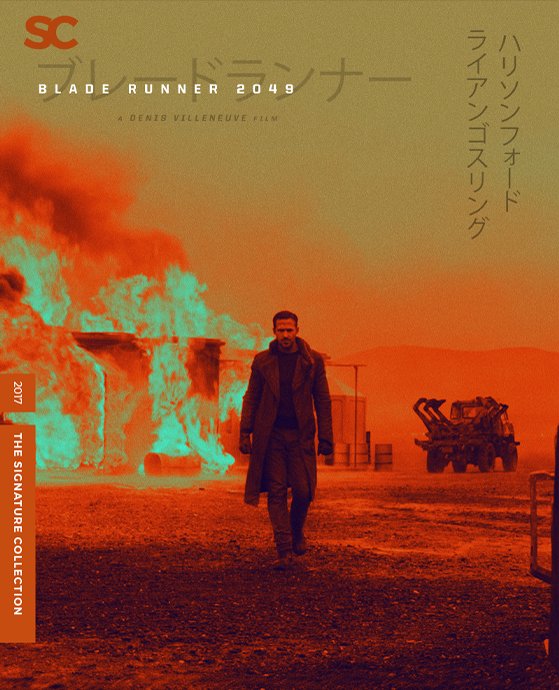 Cover of Blade Runner 2049 movie poster with a man walking in a fiery, desolate landscape.
