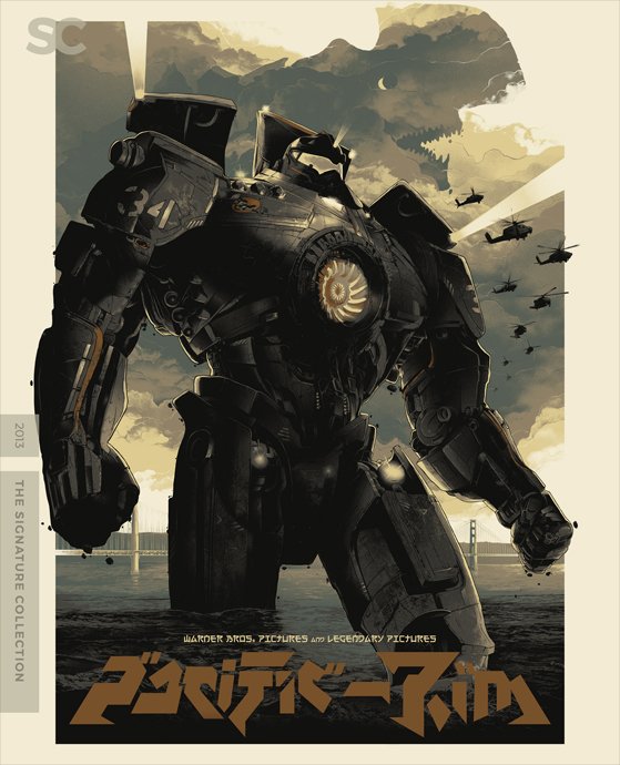 Promotional poster for the movie "Pacific Rim" showing a giant robot, Jaeger, with a cityscape and helicopters in the background, set during sunset or dusk.