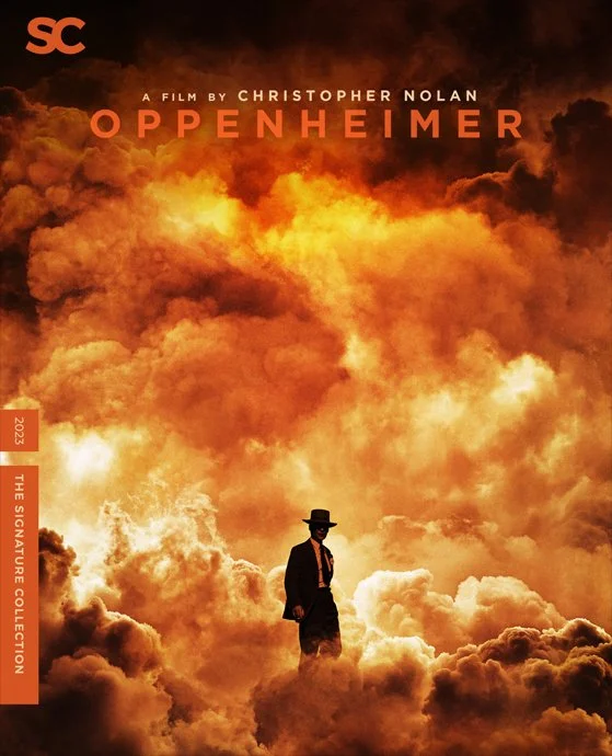 The poster for the film 'Oppenheimer' features a person in dark clothing and a hat, standing among clouds of smoke and fire with an orange and yellow sky in the background.