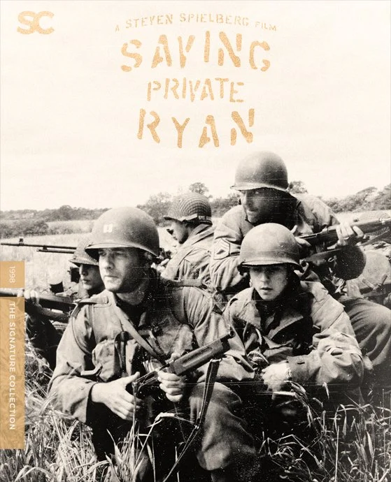 Black and white cover of the 1989 film "Saving Private Ryan" featuring soldiers in military gear with rifles, kneeling in a field.