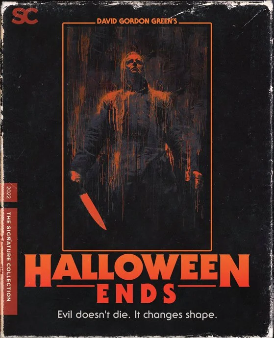 Film cover for "Halloween Ends" featuring a dark background and an orange outline of a man holding a knife, with the tagline "Evil doesn't die. It changes shape."