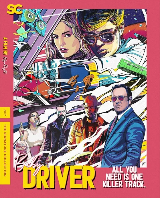 Colorful poster for the documentary film "Baby Driver" featuring illustrations of five diverse characters in stylish outfits, with a background of electronic music equipment and swirling lines. Includes the title "Baby Driver" in bold yellow letters 