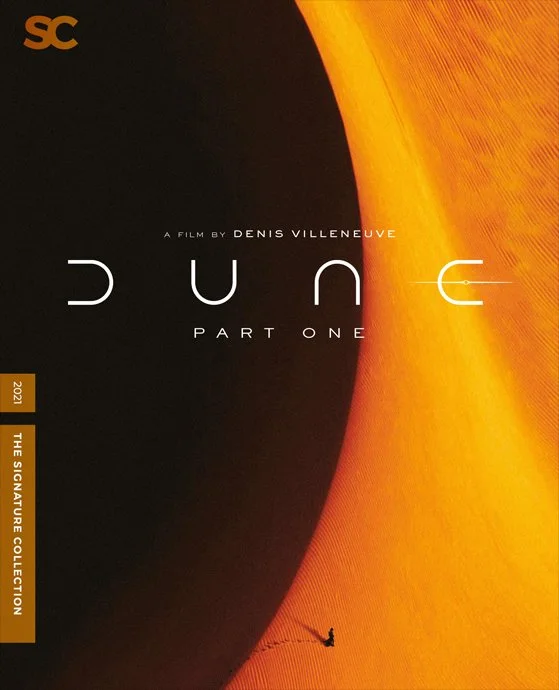 Cover for the film 'Dune: Part One' directed by Denis Villeneuve, featuring an orange and black desert landscape with a small figure walking through the sand dunes.