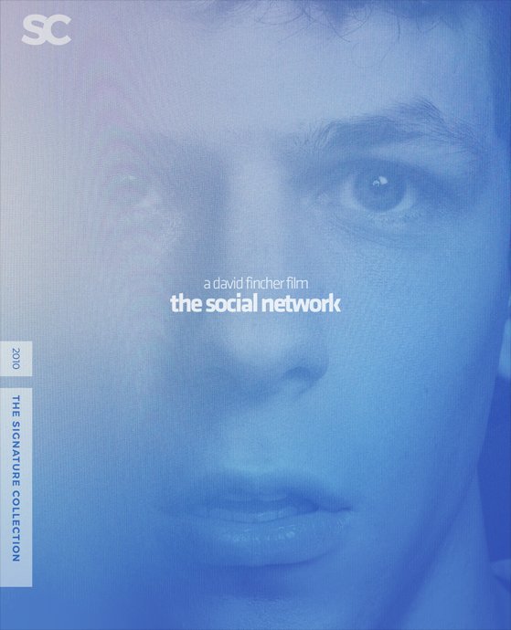 Close-up of a person's face with a blue overlay, featuring the movie title "The Social Network" and credits for David Fincher.