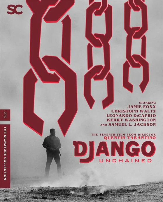 Movie poster for "Django Unchained" featuring a silhouette of a man holding a gun, with large red chains and red text.