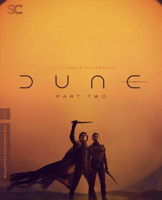 Poster for the movie "Dune Part Two" showing two characters in dark clothing holding swords, standing on a barren landscape with a yellow-orange sky in the background.