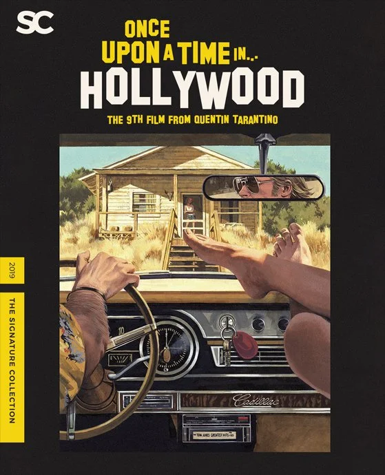 Illustration of a scene from the movie "Once Upon a Time in Hollywood," showing the view from inside a car and a house with wooden stairs and a porch, with a rearview mirror reflecting a person's face.