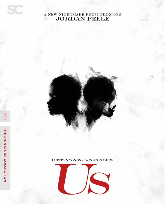 Movie poster for 'Us' directed by Jordan Peele, featuring silhouettes of a man and a woman with their profiles facing opposite directions, and the title 'Us' in red.
