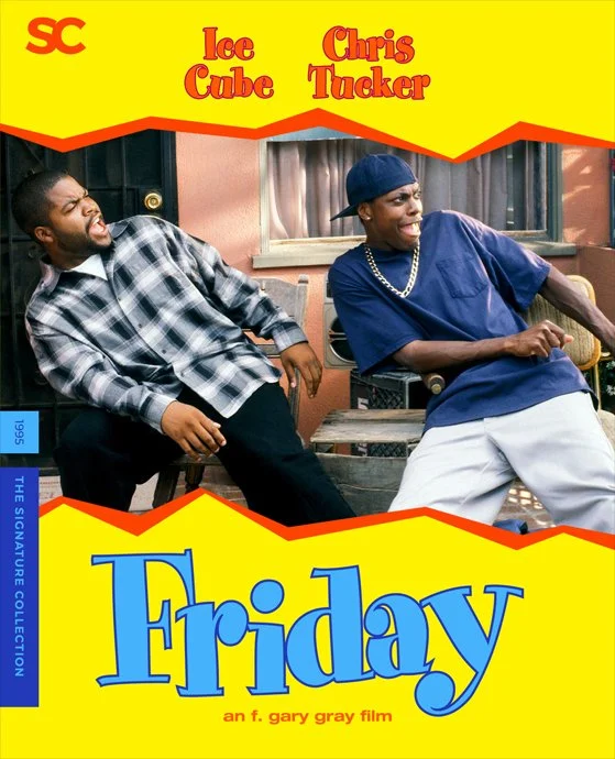 Cover of the film 'Friday' featuring Ice Cube and Chris Tucker sitting outside a house, laughing and smiling.