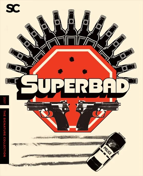 Comic style illustration with liquor bottles, police cars, pistols, and a stop sign, with the word 'SUPERBAD' in bold letters.