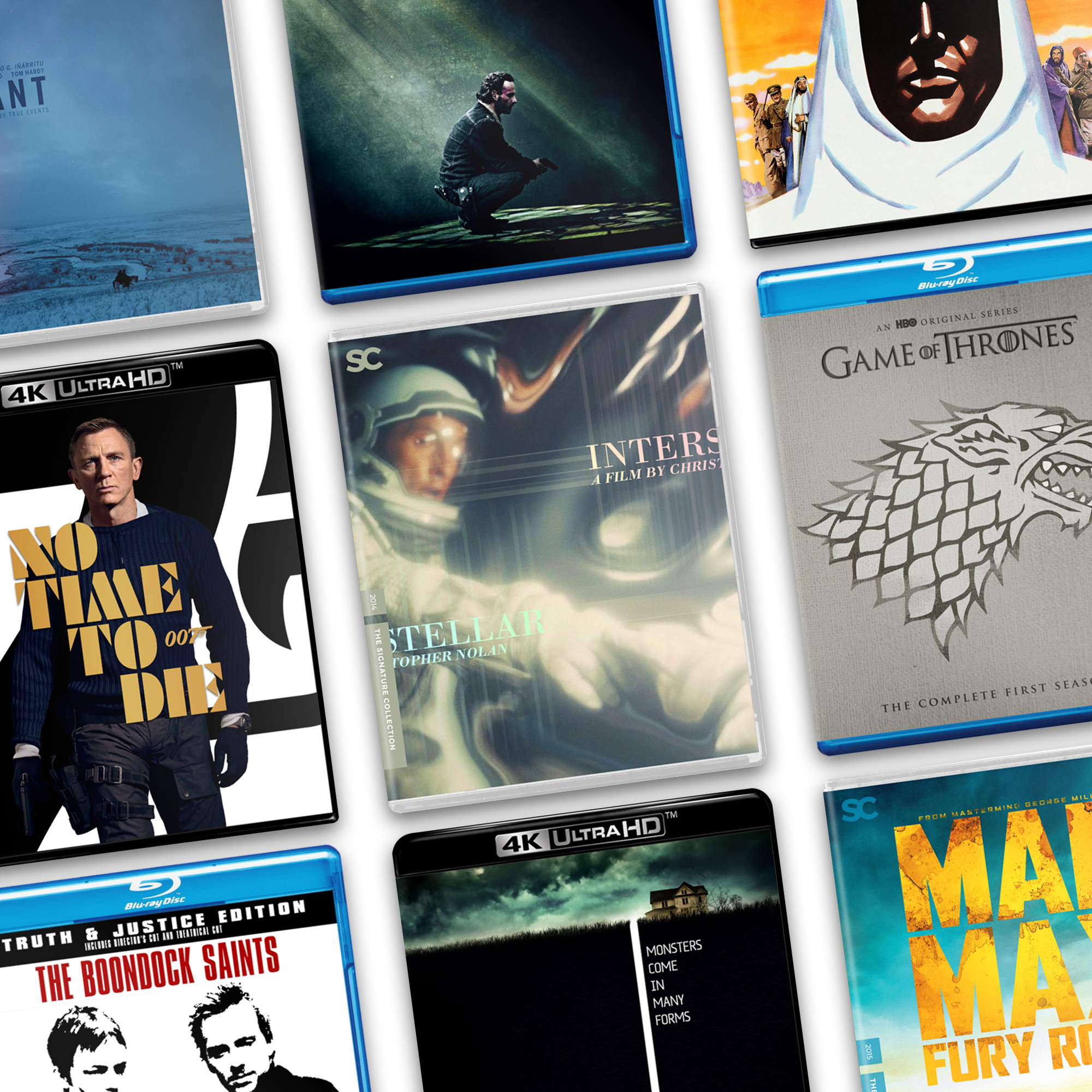 A collection of Blu-ray and DVD movie covers including 'No Time to Die,' 'Interstellar,' 'Game of Thrones,' 'The Boondock Saints,' 'Mad Max: Fury Road,' and others.