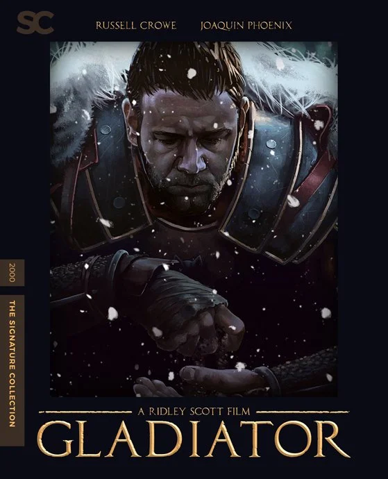 A movie poster for 'Gladiator' featuring Russell Crowe in armor, looking down with a focused expression, surrounded by snow, with the title and credits at the bottom.