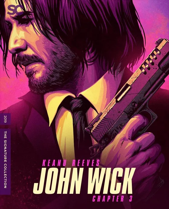 Poster of the movie "John Wick: Chapter 3" featuring a man with long hair, holding a gun, dressed in a suit and tie with a purple and pink background.