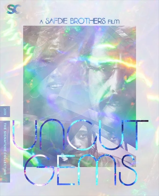 The cover of a film called 'Uncut Gems' featuring multiple people with colorful light reflections and holographic effects.