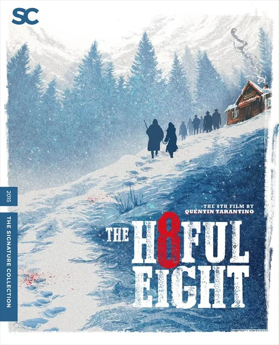 Snowy landscape with a group of people walking up a trail towards a cabin in the forest, movie poster for 'The Hateful Eight'.