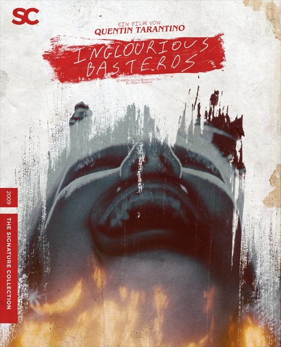 Poster for the film 'Inglourious Basterds' by Quentin Tarantino featuring a stylized face with flames at the bottom.