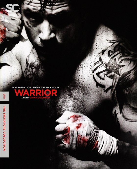 Close-up of a male boxer with gloves covered in blood, his face showing bruises and cuts, with tattoos on his shoulder and arm. Promotional poster for the film 'Warrior'.