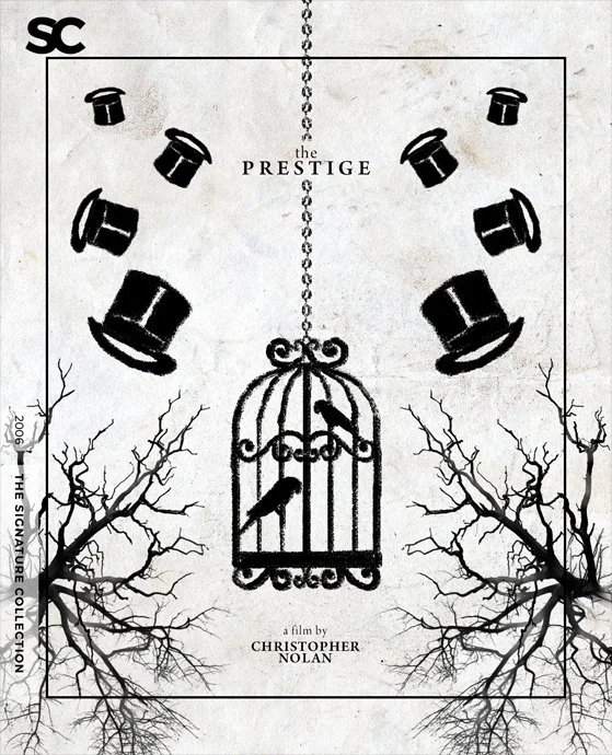 A movie poster titled "The Prestige" featuring flying top hats, a birdcage with a bird inside, and leafless trees.
