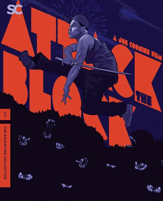 An illustration from the movie 'Attack the Block' showing a young man crouched with a sword in the city at night. The background features large stylized red and blue text spelling 'Attack the Block' and other design elements.