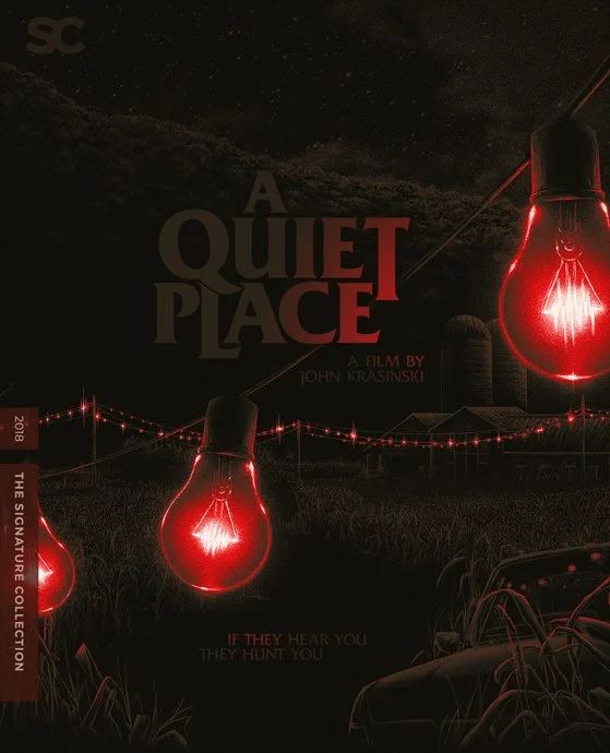 Dark poster for the movie 'A Quiet Place' with glowing red light bulbs hanging and a silhouette of a house and barn in the background.