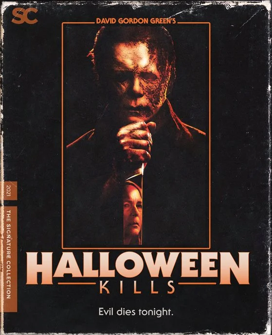 Cover of the movie "Halloween Kills" featuring Michael Myers, holding a knife, with a small image of a woman at the bottom.