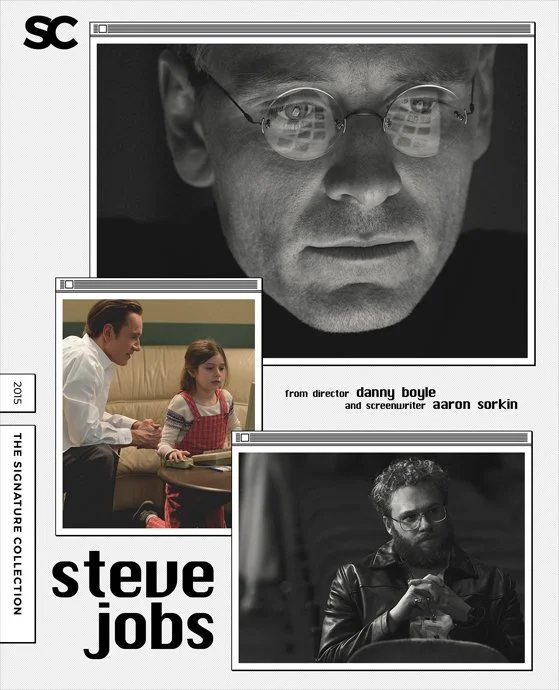 Cover of a film about Steve Jobs with photos of a man with glasses, a man and a girl in a conversation, and a man with curly hair and a beard.