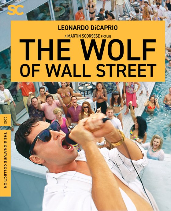 Movie poster for 'The Wolf of Wall Street' featuring Leonardo DiCaprio with a crowd of people on a poolside deck in the background.