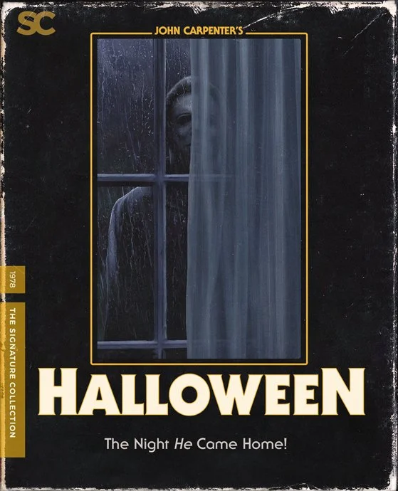 Cover titled "Halloween" from 1978, part of The Signature Collection, featuring a person peering through a rain-streaked window with a curtain partially covering.