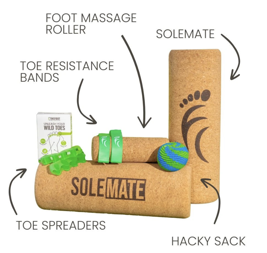 foot mobility tools including wild toes toe separators, toe resistance bands, foot massage roller, hacky sack. and the solemate