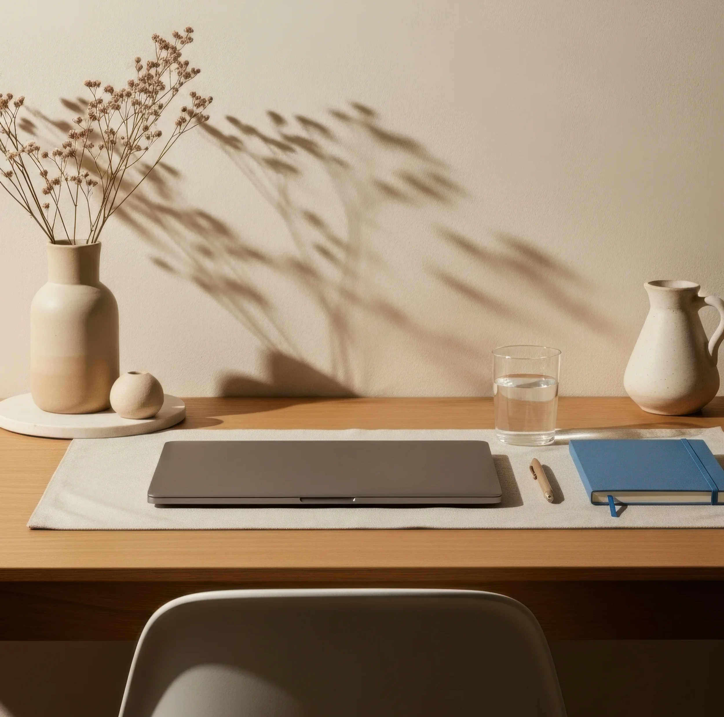 Picture: desk and chair with laptop and vase with flowers in it on the desk