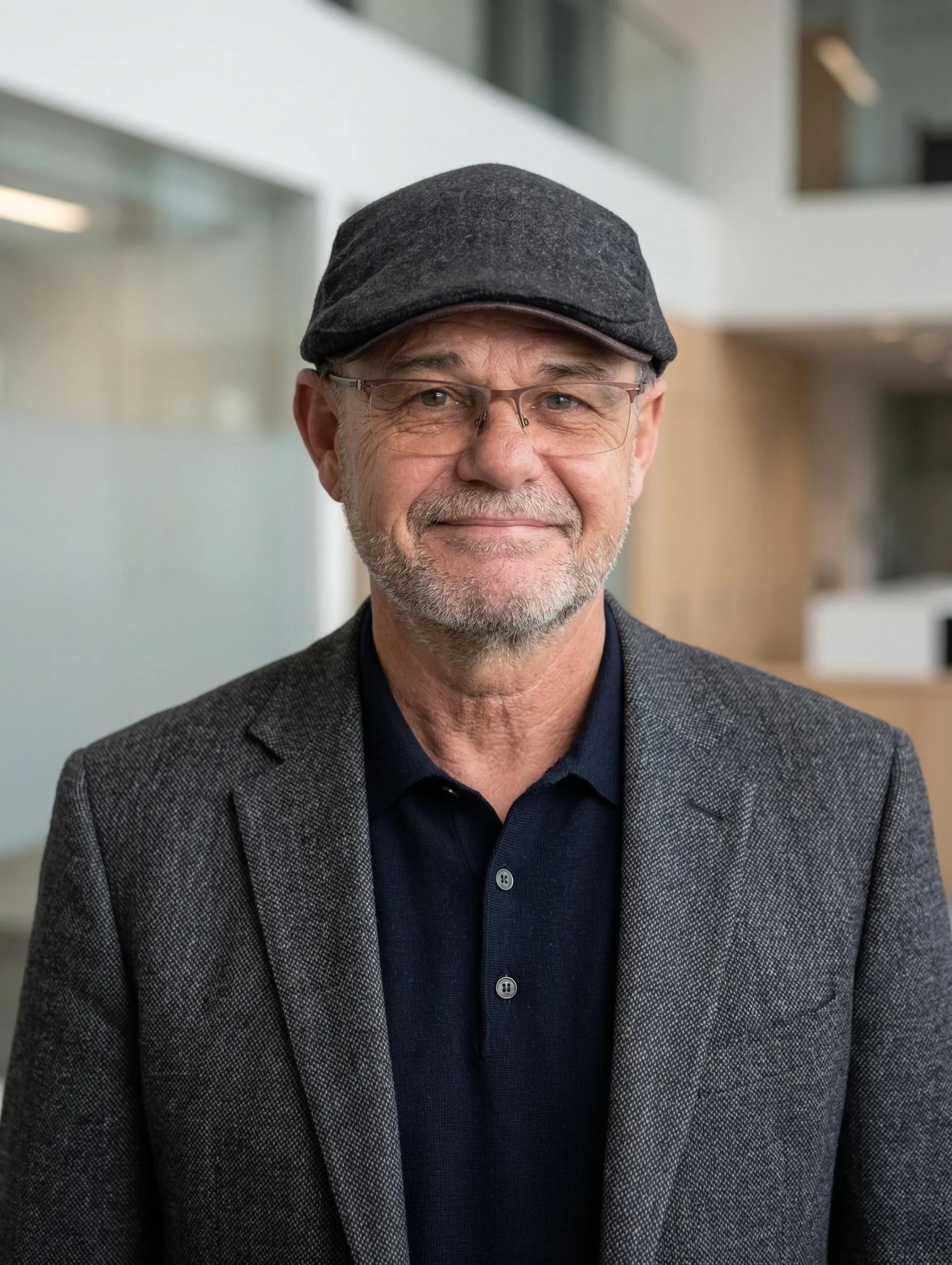 A middle-aged man with glasses, wearing a dark flat cap, a gray blazer, and a navy blue polo shirt, smiling in an indoor setting.