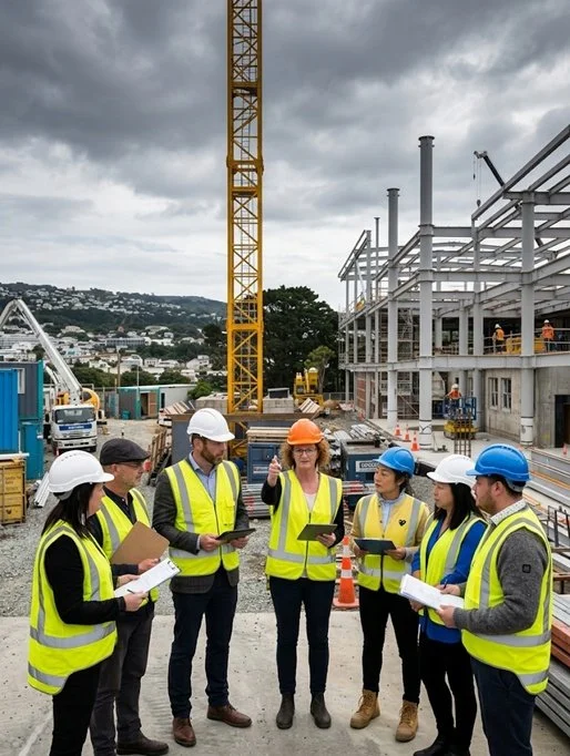 Group of construction workers and engineers wearing safety vests and helmets, having a discussion on a construction site with building framework and construction equipment in the background.
