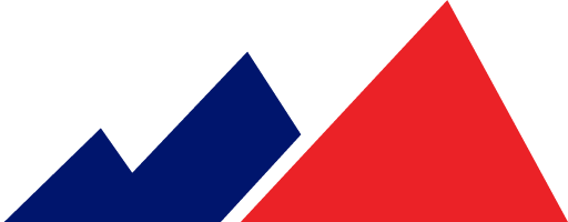 Stylized mountain peaks with red and blue colors.