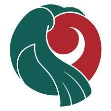 An abstract logo with green and red curved shapes forming a stylized heart and a person.