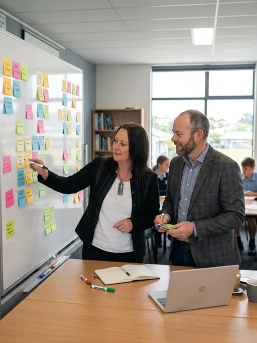 Two professionals, a woman and a man, are discussing a whiteboard filled with colorful sticky notes in an office or conference room, with other people working in the background.