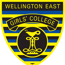 Wellington East Girls' College crest with a black and yellow shield, featuring a stylized eagle and banner.